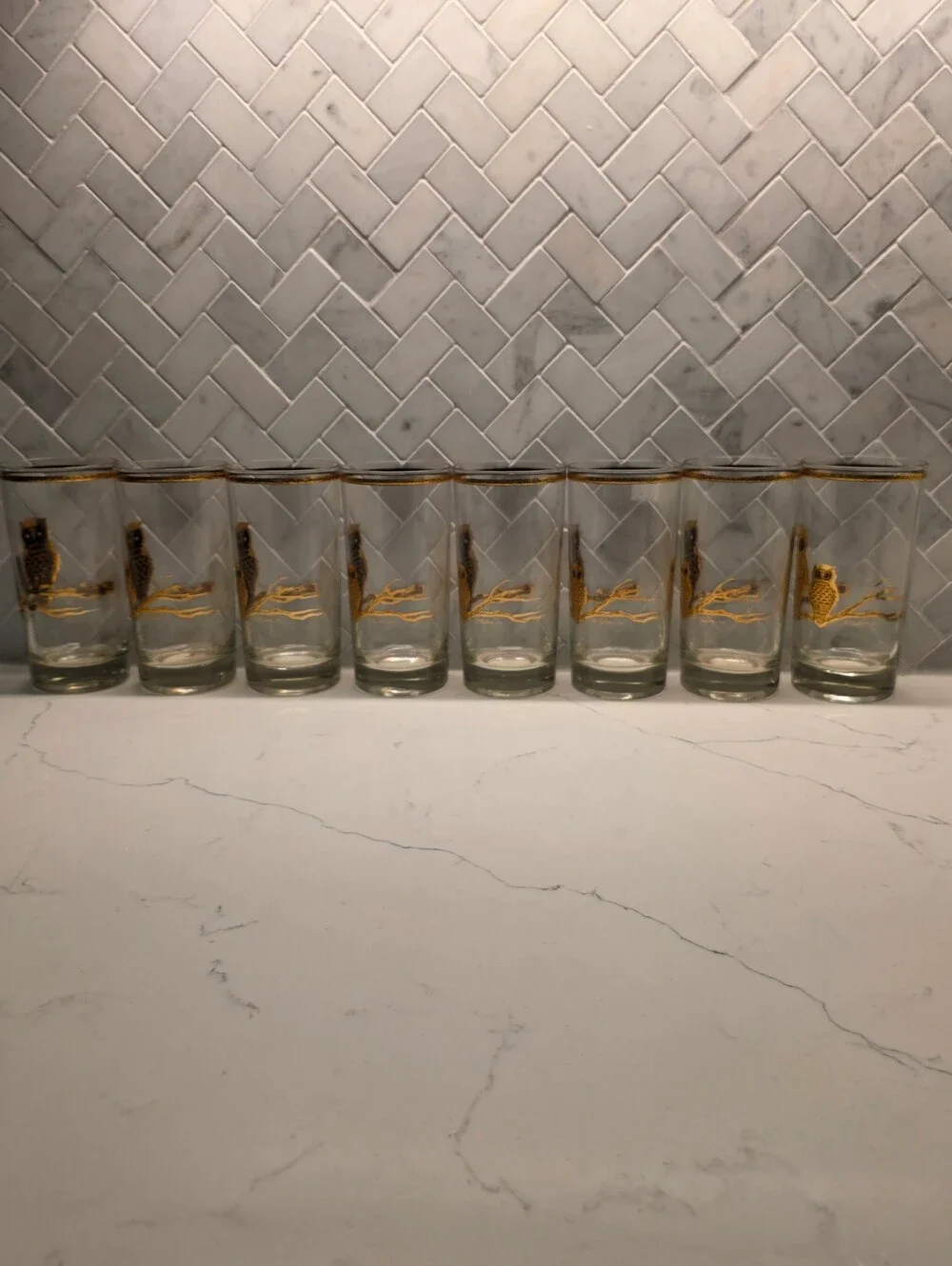 Pristine Vintage Culver 22K Gold Owl Highball Glasses - Set of 8